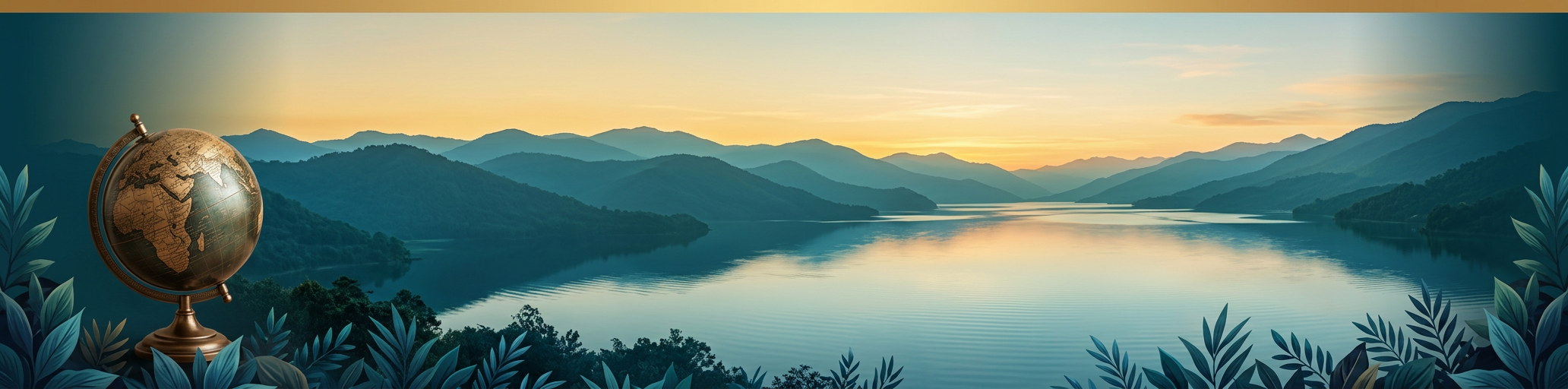 Sunrise over mountain ranges and a tranquil lake