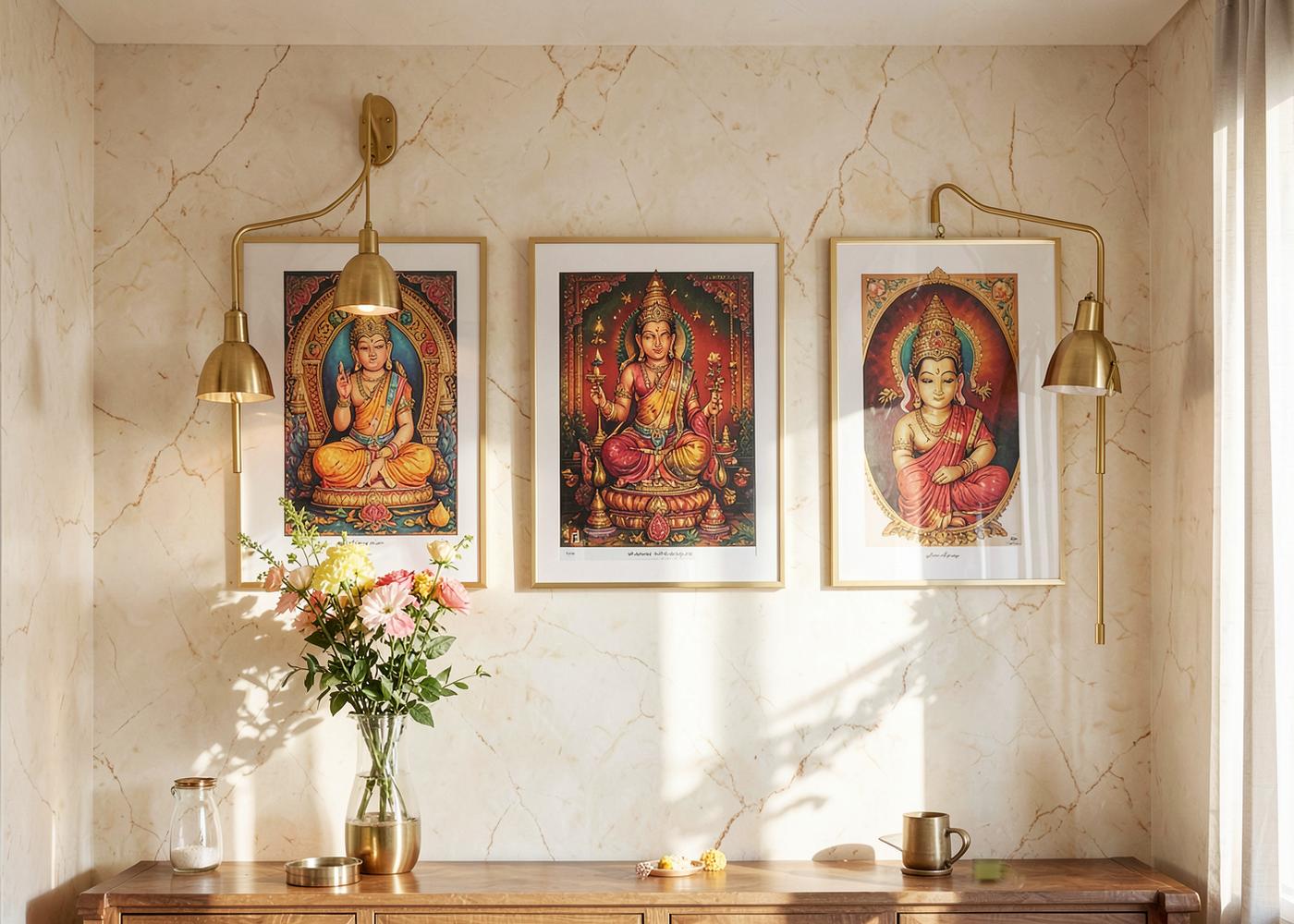 Framed devotional artwork styled in a serene pooja room